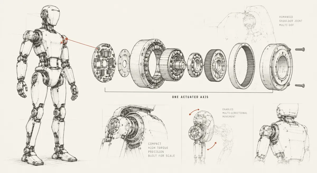 Published article cover: humanoid robot and an exploded shoulder actuator